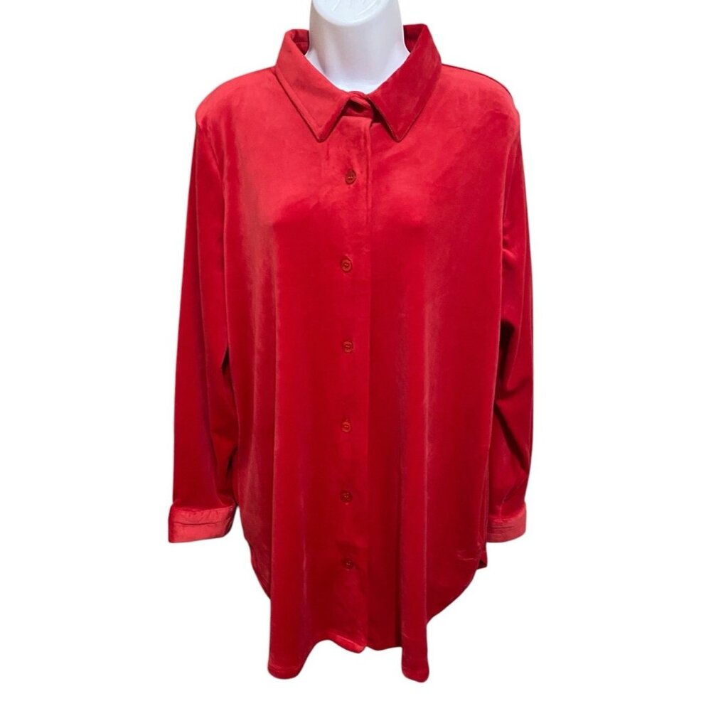 Woman Within Tunic Top 14/16 Red Velvet Velour Button Front Long Sleeve